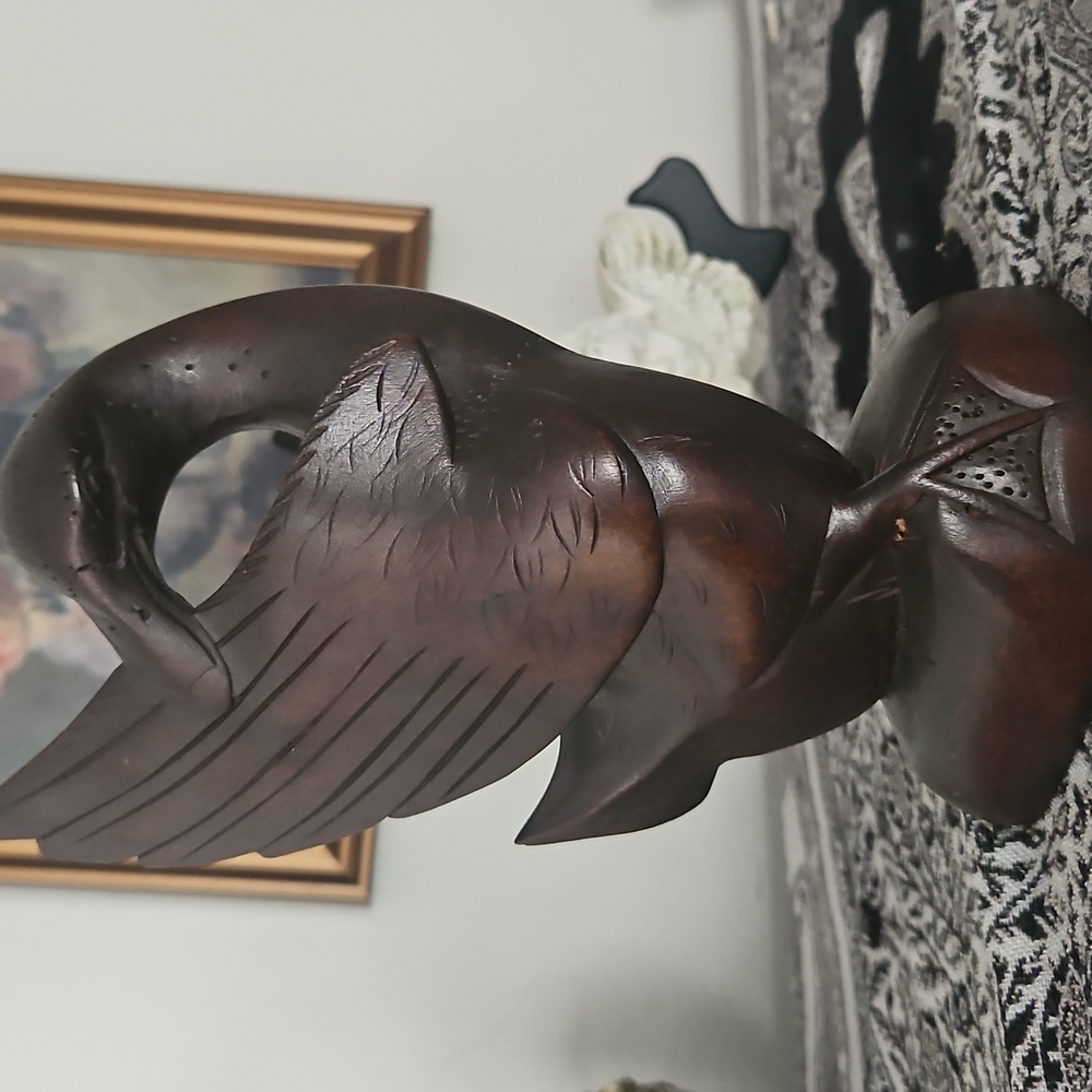 Hard Ironwood carved Duck arranging feathers Indonesian Antique